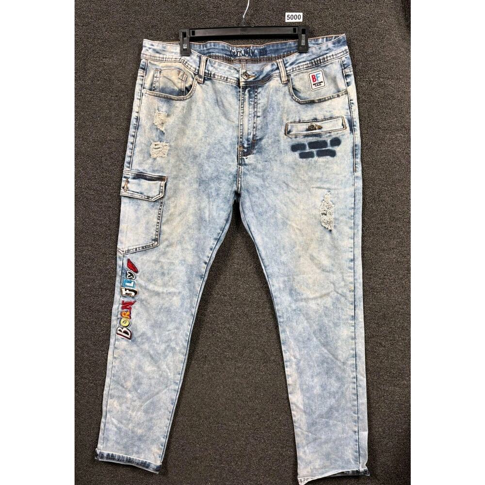 Born Fly Jeans Mens 38 Light Blue Acid Wash Distressed Cargo Pocket Stretch